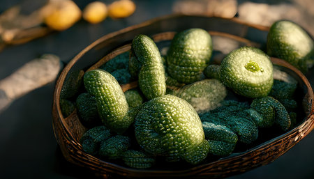 3D rendering of Bitter cucumbers on the basket in a green color inside the kitchen