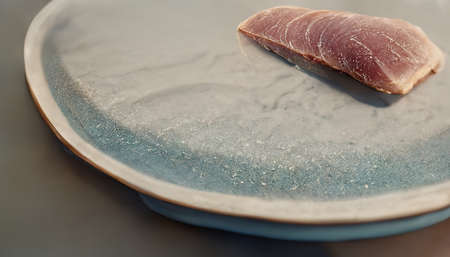 3D rendering of Albacore tuna meat on the white plate at the table inside the kitchenの写真素材