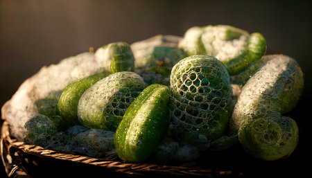 3D rendering of Bitter cucumbers on the basket in a green color inside the kitchenの写真素材
