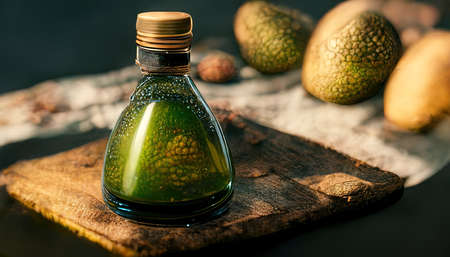 3D rendering of Avocado oil inside the bottle with a green avocado in the background in the kitchenの写真素材