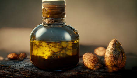 3D rendering of Almond Oil on the bottle with the almonds in the background inside the kitchenの写真素材