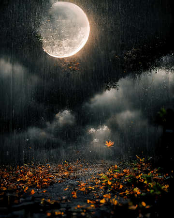 3D rendering of a Moon appears in the rain storm with the black cloud and water coming from the sky...