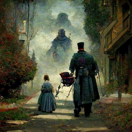 3D rendering of an Ancient Europeans walking on the road between the house in the middle of the cityの写真素材