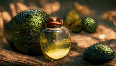 3D rendering of Avocado oil inside the bottle with a green avocado in the background in the kitchenの写真素材