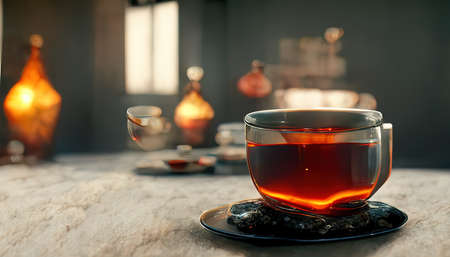 3D rendering of Black tea inside the glass on the wooden table inside the kitchenの写真素材