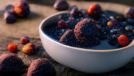 3D rendering of purple acai berries on the white bowl on the kitchen table inside the kitchenの写真素材