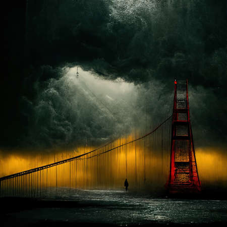 3D rendering of a red bridge standing in the dark cloudy weather near the river while rainingの写真素材