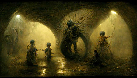 3D rendering of a Kids with the monster in the dark and dirty sewer with the brown wall in the backgroundの写真素材