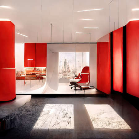 3D rendering of a Modern Future Living room with the red and white colors inside the mansionの写真素材
