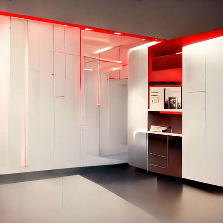 3D rendering of a Modern Future Living room with the red and white colors inside the mansion