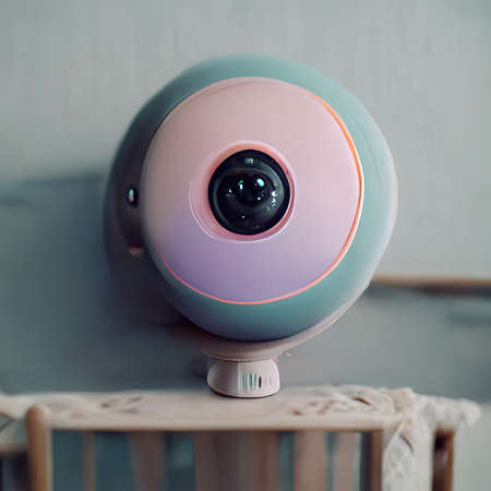3D rendering of a baby camera in a pink design a pastel color on the top of the table inside the baby roomの写真素材