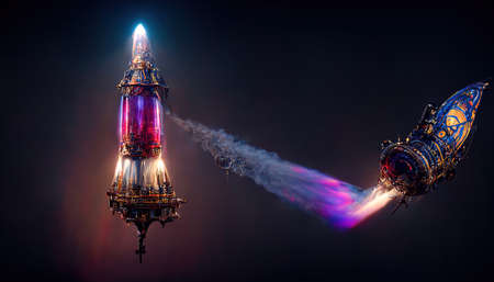3D rendering of a purple spaceship in a unique design flying on the cosmos space in the dark sky