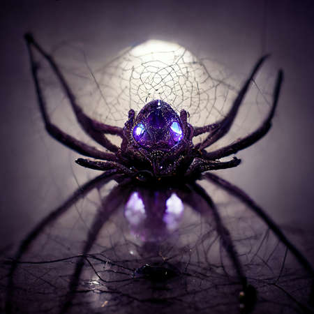 3D rendering of a Dark purple spider with black legs and glowing purple eyes inside the boxの写真素材