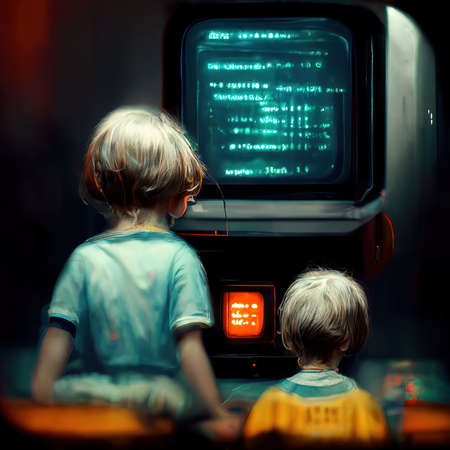 3D rendering of a kid watching tv with his brother together in the living roomの写真素材