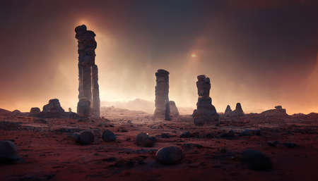 3D rendering of an alien world with the pillars and a sky full of stars during the dark nightの写真素材