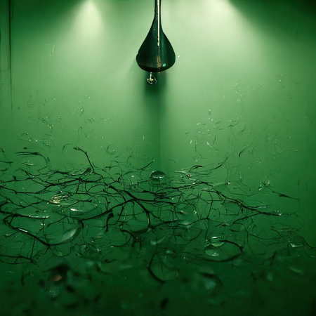 3D rendering of A Greenroom while raining with spotlight lightning and a black pillar inside that green roomの写真素材