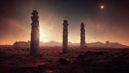 3D rendering of an alien world with the pillars and a sky full of stars during the dark nightの写真素材