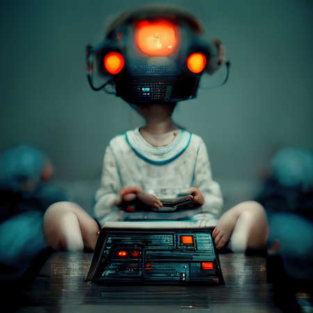 3D rendering of a kid watching tv with his brother together in the living roomの写真素材