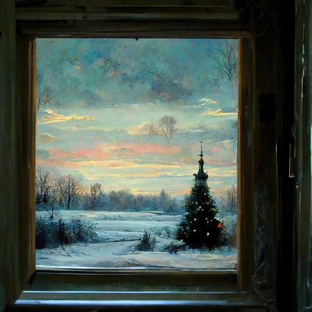 3D rendering of a Christmas tree standing on the white snow outdoors with decoration in the winter