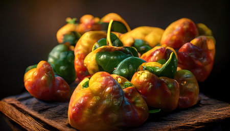 3D rendering of Bell peppers on the basket with the brown table inside the kitchenの写真素材