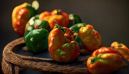 3D rendering of Bell peppers on the basket with the brown table inside the kitchenの写真素材