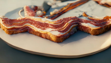 3D rendering of a Cooked bacon on the white plate for the breakfast on the kitchen tableの写真素材