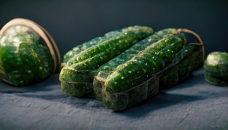 3D rendering of a Fresh cucumber on the basket on the wooden table inside the kitchenの写真素材