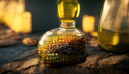3D rendering of a Corn oil on the bottle with corn in the background on the wooden table inside the kitchenの写真素材