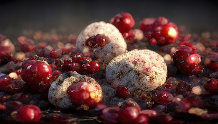 3D rendering of a Cranberries on the wooden basket with red colors inside the kitchenの写真素材