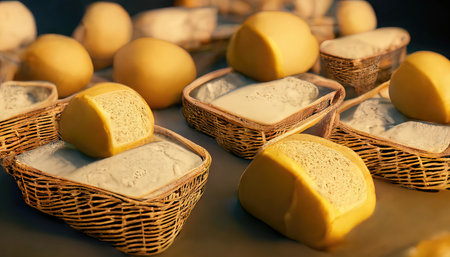 3D rendering of a Butter on the basket with yellow and creamy color on the wooden table inside the kitchenの写真素材