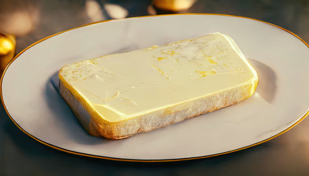3D rendering of a creamy butter on the white plate with creamy white color on the wooden table inside the kitchenの写真素材