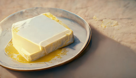 3D rendering of a creamy butter on the white plate with creamy white color on the wooden table inside the kitchenの写真素材