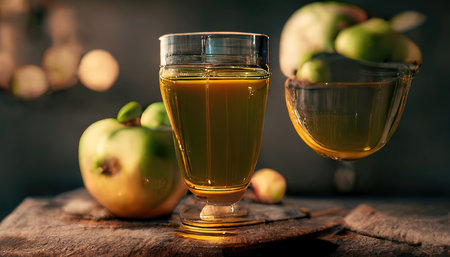 3D rendering of Apple juice on the glass with a wooden table and apple in the background inside the kitchenの写真素材