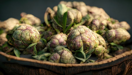 3D rendering of Artichokes on the basket with green colors and a wooden table inside the kitchenの写真素材