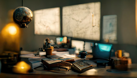3D rendering of a Man working with his laptop inside the office during the work overtimeの写真素材