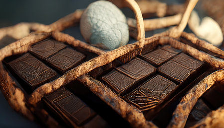 3D rendering of a Chocolate bar on the basket for cooking inside the kitchen tableの写真素材
