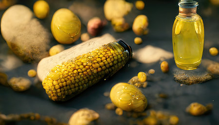 3D rendering of a Corn oil on the bottle with corn in the background on the wooden table inside the...
