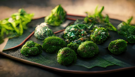3D rendering of Asian Greens on the white plate with green colors inside the kitchenの写真素材