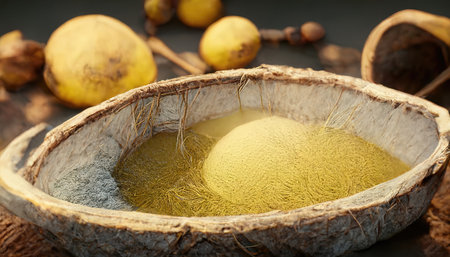 3D rendering of a Coconut oil on the basket with the coconut on the background inside the kitchenの写真素材