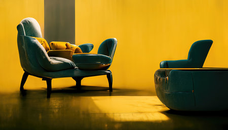 3D rendering of a modern yellow chair inside the modern living room with a yellow wall in the backgroundの写真素材