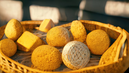 3D rendering of a Fresh Cheese on the basket with yellow color inside the kitchenの写真素材