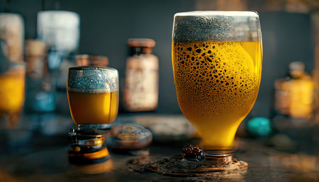 3D rendering of a Beer on the glass with the foam on the top inside the barの写真素材
