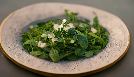 3D rendering of Arugula on the white plate with green colors inside the kitchenの写真素材