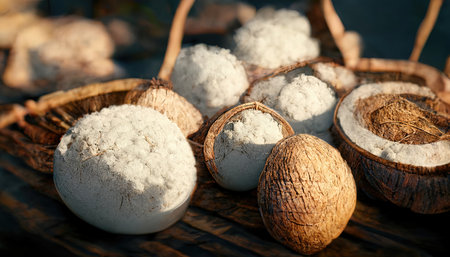 3D rendering of a Coconut oil on the basket with the coconut on the background inside the kitchenの写真素材