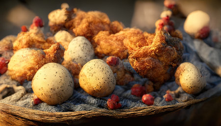 3D rendering of a Fried chicken in the basket with brown crispy color on the kitchen table