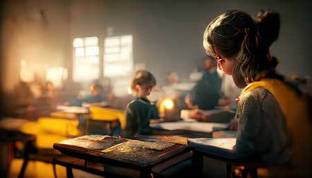 3D rendering of a Teacher teaching her student in the class at the schoolの写真素材