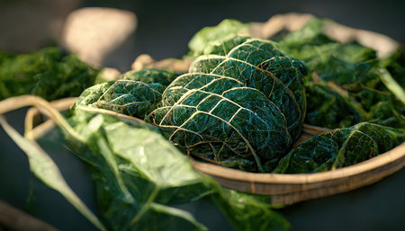 3D rendering of a Fresh collard greens on the wooden basket with green color in it inside the kitchenの写真素材