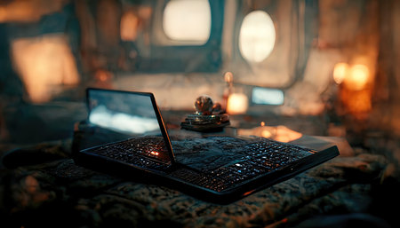 3D rendering of a Laptop standing on the table inside the working office in the buildingの写真素材
