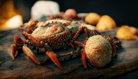 3D rendering of a Fresh Crab on the wooden basket inside the kitchenの写真素材