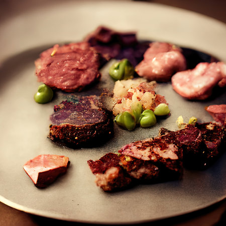 3D rendering of a Plate full of meat with a yellow background in the kitchenの写真素材